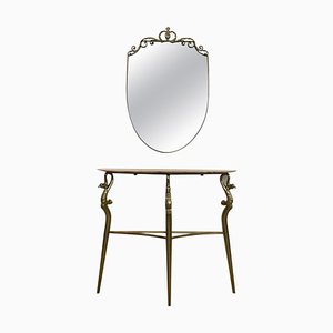 Mesa consola italiana de latón y mármol con espejo, años 50