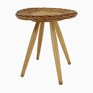 Beech and Rattan Side Table by Jan Kalous attributed to Uluv, Czechoslovakia, 1970s