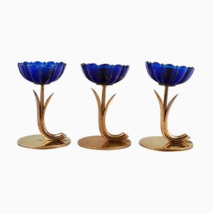 Art Glass Brass and Blue Candleholders by Gunnar Ander for Ystad Metall, 1950s, Set of 3