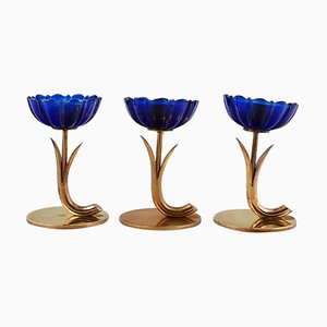 Kunstglas Messing und Blaue Kerzenhalter von Gunnar Ander für Ystad Metall, 1950er, 3er Set