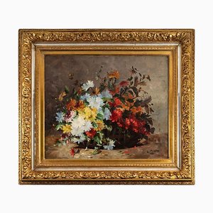 Still Life with Flowers in a Wicker Basket, Late 19th Century, Oil on Canvas, Framed