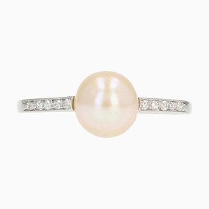 Art Deco French Fine Pearl Diamonds Platinum Ring, 1925