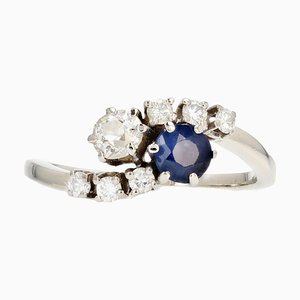 18 Karat French Modern Sapphire Diamonds and White Gold You and Me Ring