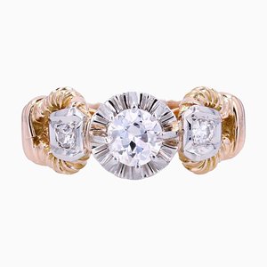 18 Karat French Diamond and Yellow Gold Platinum Solitaire Ring, 1940s