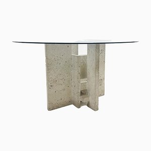 Mid-Century Modern Glass and Travertine Dining Table by Willy Ballez, 1970s