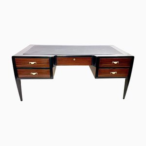 Mid-Century Modern Wood Leather and Brass Wooden Desk, 1950s