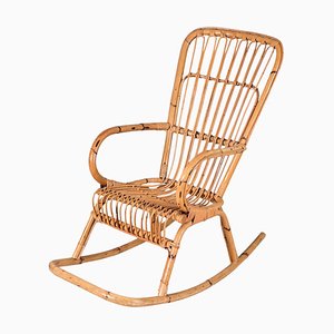 Mid-Century Italian French Riviera Curved Rattan and Bamboo Rocking Chair, 1970s