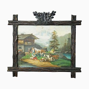 Escena folklórica con bovinos, cabras y esposas de granjero, década de 1900, pintura al óleo