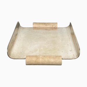 Italian Serving Tray in Silver Metal and Travertine, 1970s