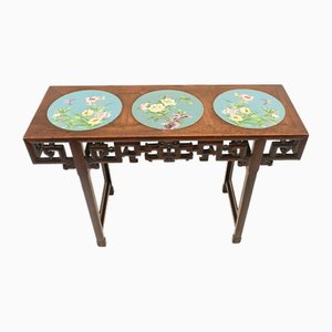 Chinese Hardwood Console Table with Cloisonne Porcelain Plates, 1920s, Set of 4