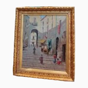 Oscar Ricciardi, Passage en Ville Animée, Oil on Wood, Framed