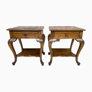 French Louis XV Style Walnut Bedside Tables with Drawer and Open Shelf, 1930s, Set of 2