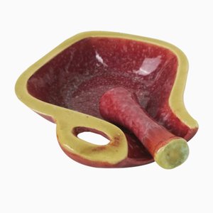 Mid-Century Red and Yellow Glazed Ceramic Mortar Ashtray by Accolay, France, 1950s