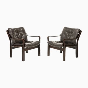 Easy Chairs in Dark Brown Leather, 1970s, Set of 2