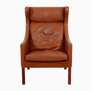 Wing Chair in Brown Leather by Børge Mogensen for Fredericia