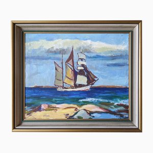 Sailing Blue, Années 1920, Grande Peinture à l'Huile, Encadrée