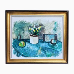 Teal Table, Oil Painting, Framed
