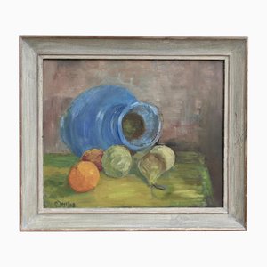 Vase Bleu & Fruits, Huile sur Panneau, Encadré