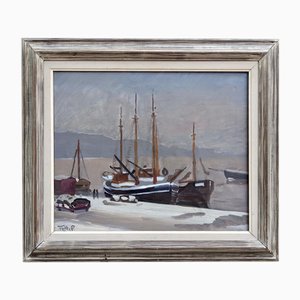 Boats at the Quay, Oil on Canvas, Framed