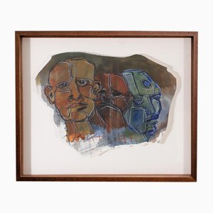 Three Faces, Watercolor, Framed