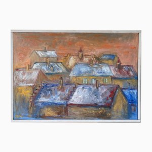 Houses at Sunset, Oil on Canvas, Framed