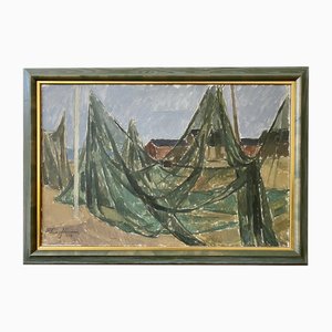The Fishing Village, Painting, 1950s, Framed