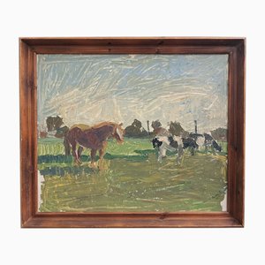 Artiste Suédois, Horses in the Meadow, 1949, Huile sur Toile, Encadrée