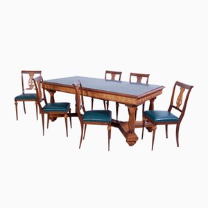 Tavolo da pranzo in stile impero con ripiano in marmo e sedie in pelle di Brianzola, anni '40, set di 7