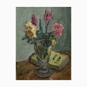Alexandre Rochat, Bouquet de Fleurs et Vase en Verre, Oil on Canvas