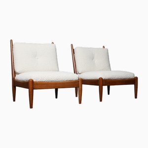 Mid-Century Oak and Bouclé Lounge Chairs, 1960s, Set of 2