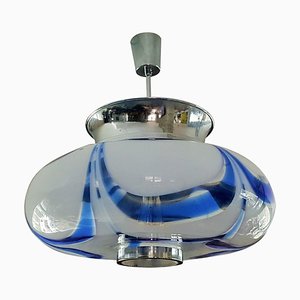 Lampada a sospensione in vetro blu e metallo cromato di Mazzega, Italia, anni '60