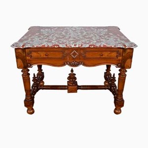 Table de Jeux Style Louis XIII en Noyer et Marbre, Début 20ème Siècle