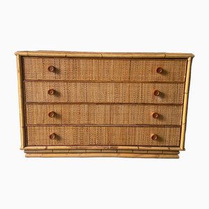 Mid-Century Modern Italian Chest of Drawers in Bamboo and Rattan with Wooden Knobs, 1970s