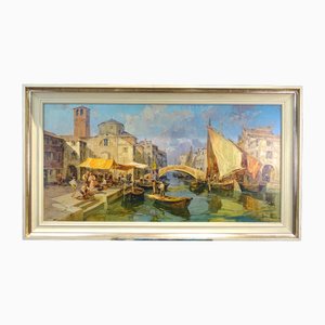 Angelo Brombo, Veduta Canal Vena, Chioggia, años 50, óleo sobre lienzo