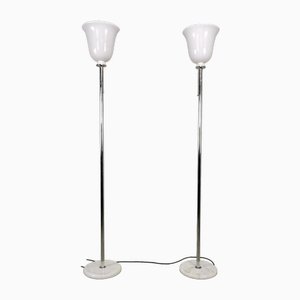 Vintage Floor Lamps with Marble Base, Chromed Plated Stem and White Glass Diffuser in the Style of Venini, 1970s, Set of 2