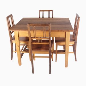Folk Art Table and Chairs in Oak and Spruce Wood, 1920s, Set of 5