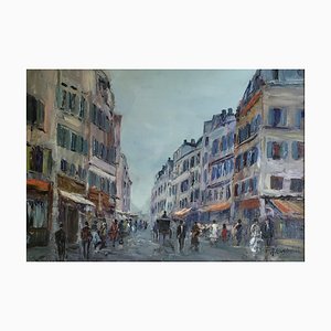 Adolfo Carducci, Paysage urbain animé, 20th Century, Oil on Canvas, Framed