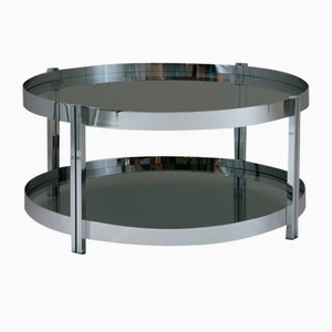 Round Coffee Table in Chromed Metal and Smoked Glass, France, 1970s