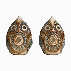 Stoneware Owl Candle Lamps from Søholm, Denmark, 1960s, Set of 2