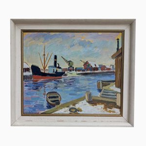Sunset Harbour, 1950s, Peinture, Encadré