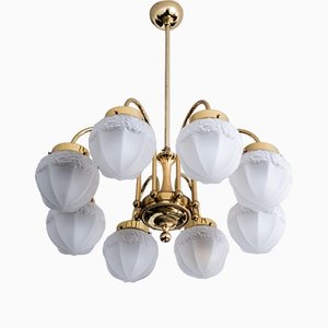 8-Flame Brass Ceiling Lamp in Art Nouveau Style