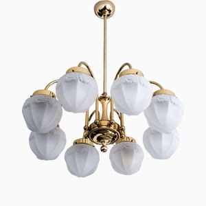 8-flammige Messing Deckenlampe im Jugendstil