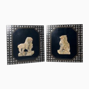 Mid-Century Chinese Wooden Panels Foo Dogs, 1940s, Set of 2