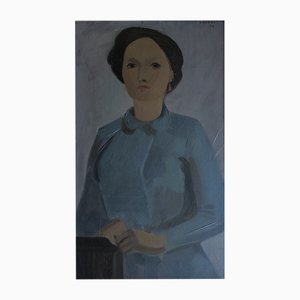 Albert Chavaz, Blue Girl, 1952, Oil on Cardboard, Framed