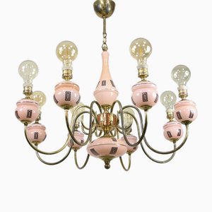 Large Mid-Century Chandelier in Brass and Glass