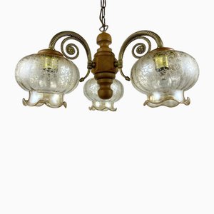 Vintage Glass Plafond Chandelier with Wooden and Brass Fittings, Belgium, 1980s