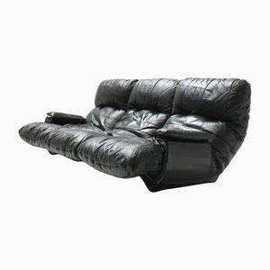 Vintage Marsala Sofa in Black Patchwork Leather by Michel Ducaroy for Ligne Roset