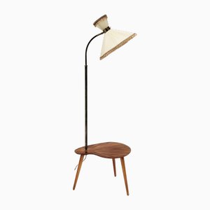 French Tripode Floor Lamp in Varnished Wood and Brass, 1950