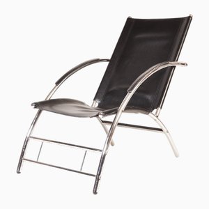 Black Leather and Tubular Chrome Curved Lounge Chair, 1970s