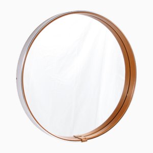 Round Mirror Covered with Leather and Chrome, France, 1970s